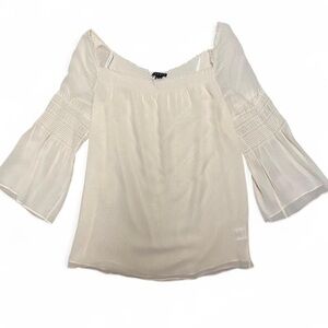 Theory Cream/Off-White Sheer Silk Peasant Top